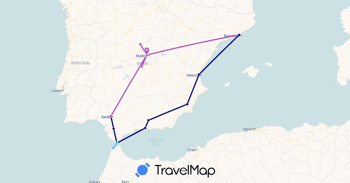 TravelMap itinerary: driving, train, boat in Spain, Morocco (Africa, Europe)